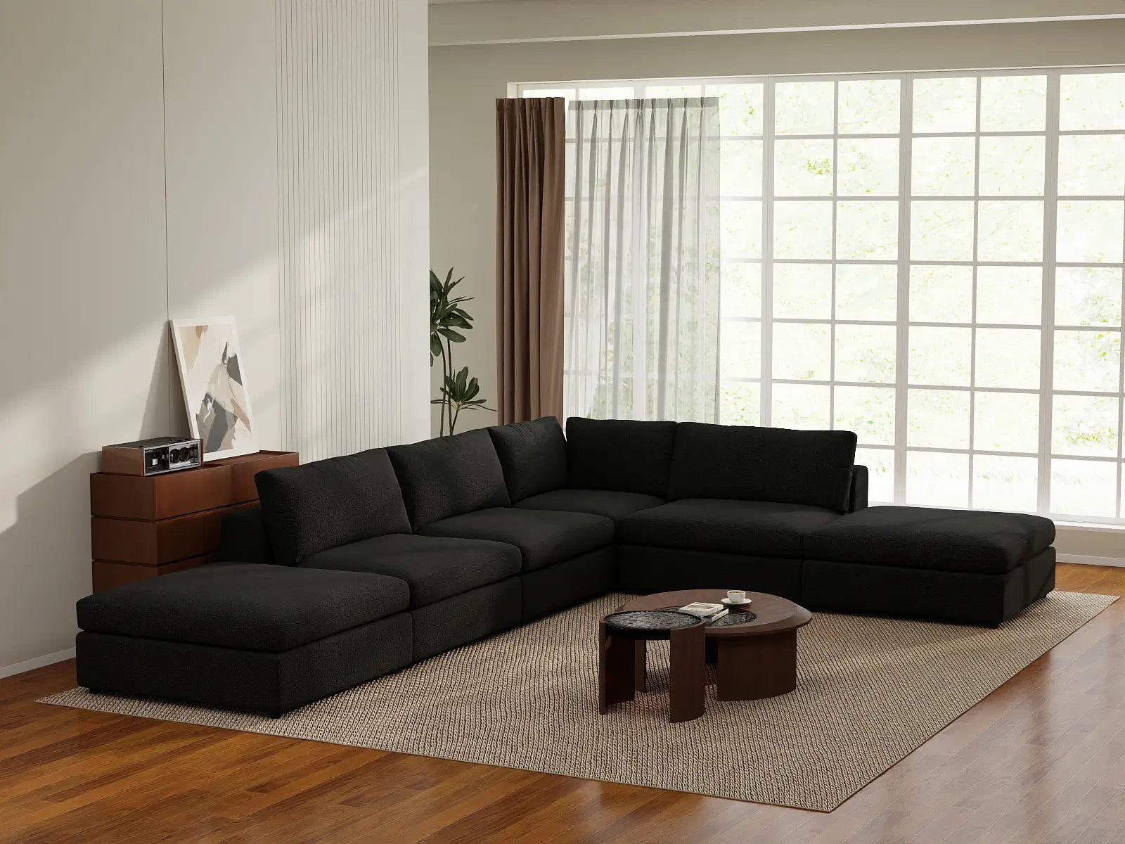 Deluxe Cloud 4-Seater Black L-Shaped Sectional | 6-Piece (Includes 2 Ottomans), Bouclé Sherpa-Like Fabric, Washable Cushion Covers