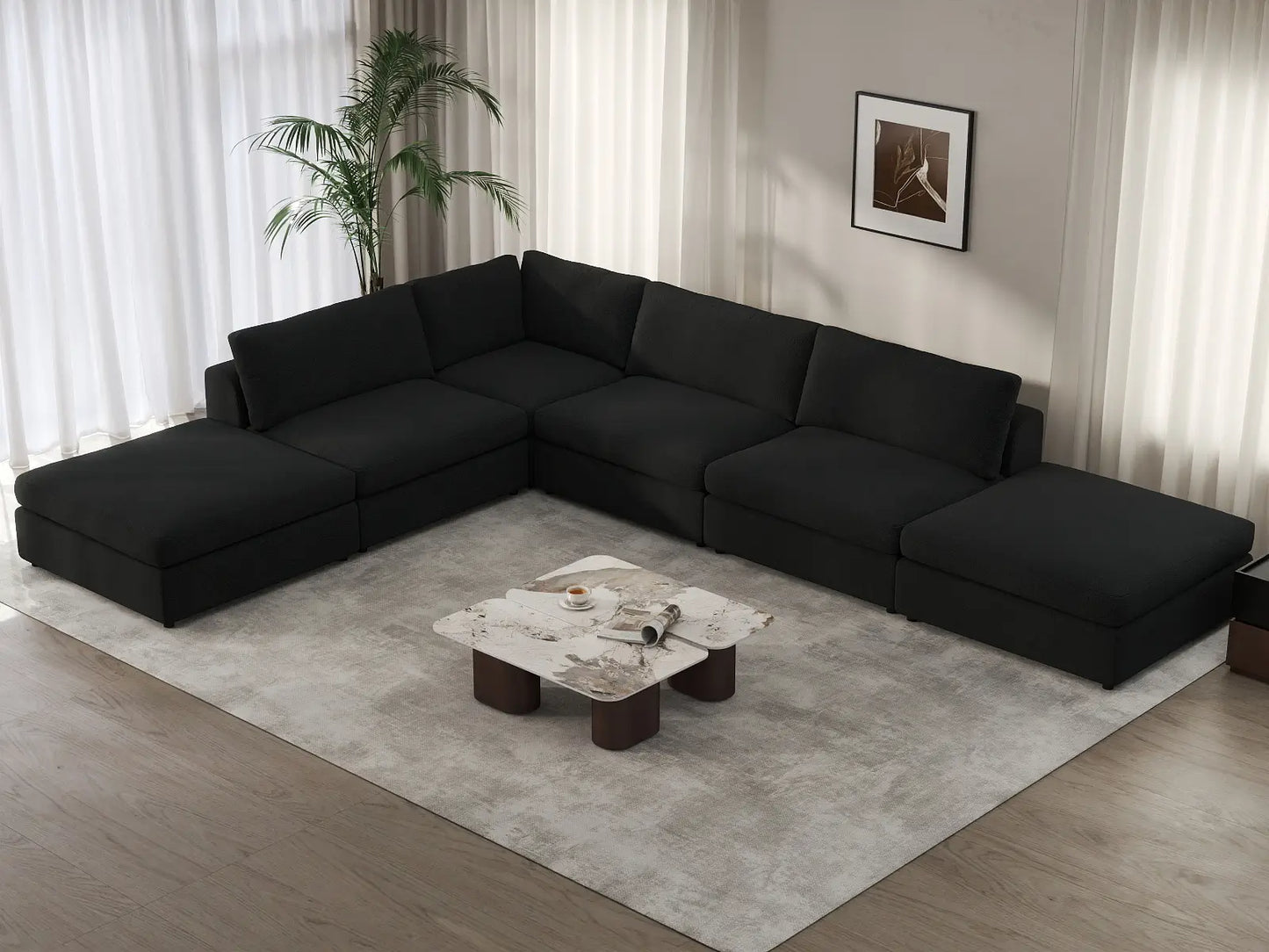 Deluxe Cloud 4-Seater Black L-Shaped Sectional | 6-Piece (Includes 2 Ottomans), Bouclé Sherpa-Like Fabric, Washable Cushion Covers