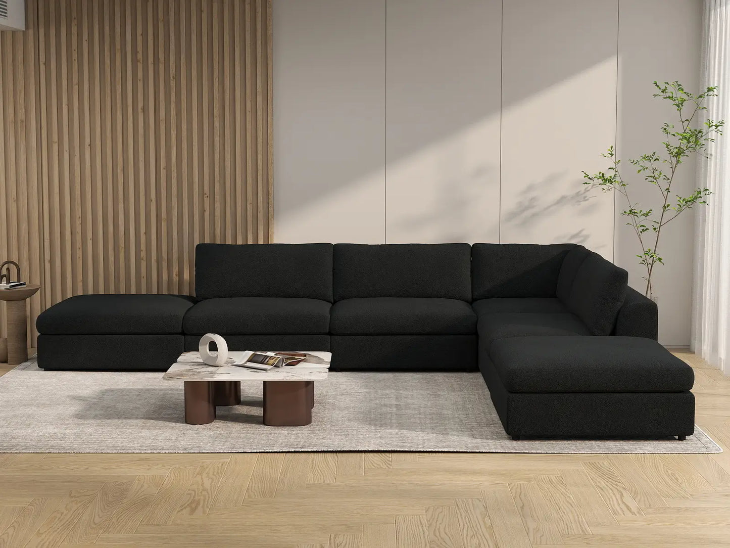 Deluxe Cloud 4-Seater Black L-Shaped Sectional | 6-Piece (Includes 2 Ottomans), Bouclé Sherpa-Like Fabric, Washable Cushion Covers