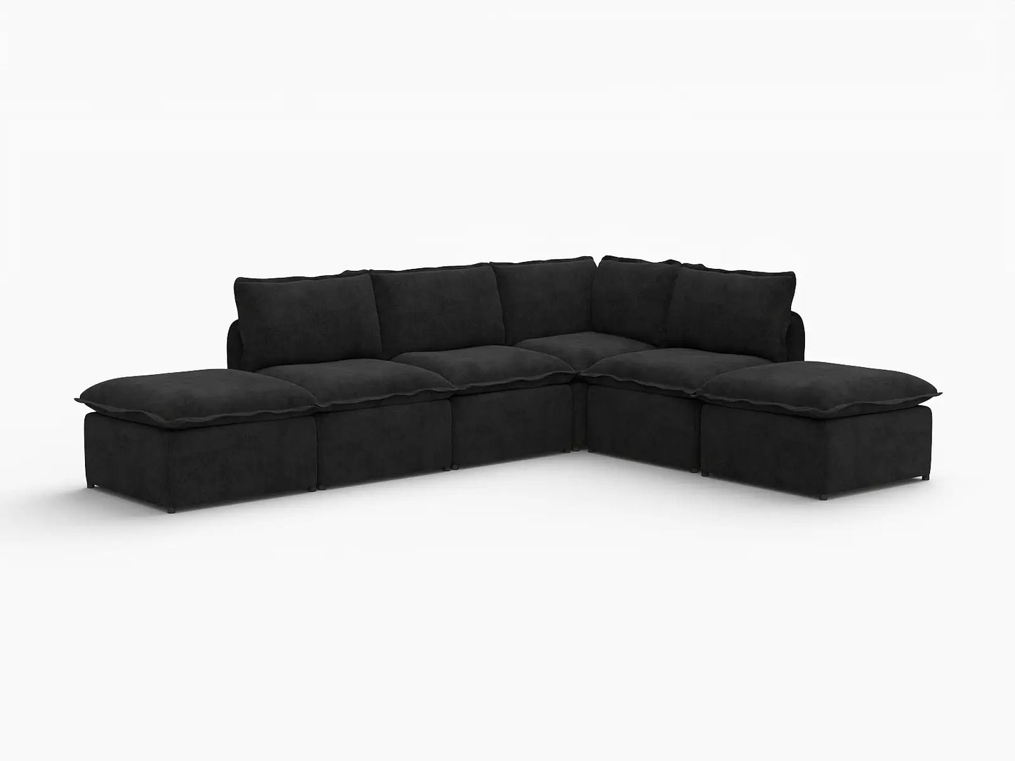 Deluxe Cloud 4-Seater Black L-Shaped Sectional | 6-Piece (Includes 2 Ottomans), Linen Look Poly Fabric, Washable Cushion Covers