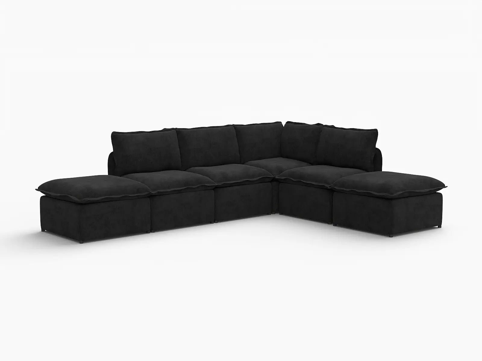 Deluxe Cloud 4-Seater Black L-Shaped Sectional | 6-Piece (Includes 2 Ottomans), Linen Look Poly Fabric, Washable Cushion Covers