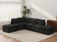 Deluxe Cloud 4-Seater Black L-Shaped Sectional | 6-Piece (Includes 2 Ottomans), Linen Look Poly Fabric, Washable Cushion Covers