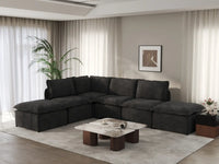 Deluxe Cloud 4-Seater Black L-Shaped Sectional | 6-Piece (Includes 2 Ottomans), Linen Look Poly Fabric, Washable Cushion Covers