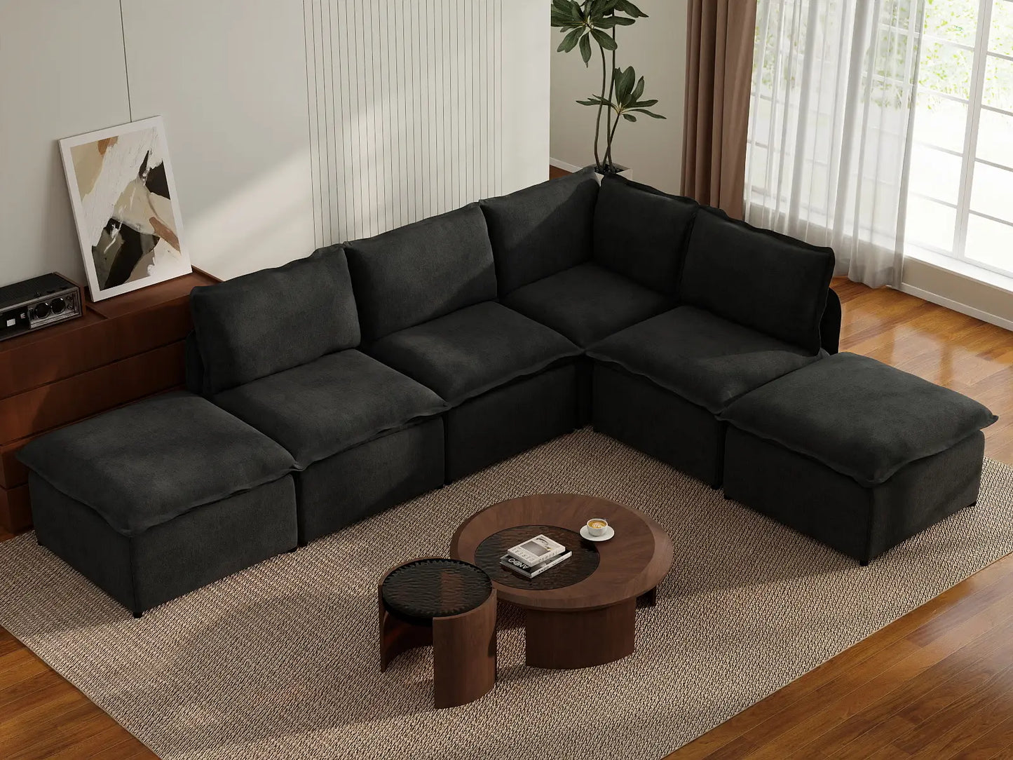 Deluxe Cloud 4-Seater Black L-Shaped Sectional | 6-Piece (Includes 2 Ottomans), Linen Look Poly Fabric, Washable Cushion Covers