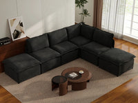 Deluxe Cloud 4-Seater Black L-Shaped Sectional | 6-Piece (Includes 2 Ottomans), Linen Look Poly Fabric, Washable Cushion Covers