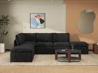 Deluxe Cloud 4-Seater Black L-Shaped Sectional | 6-Piece (Includes 2 Ottomans), Linen Look Poly Fabric, Washable Cushion Covers