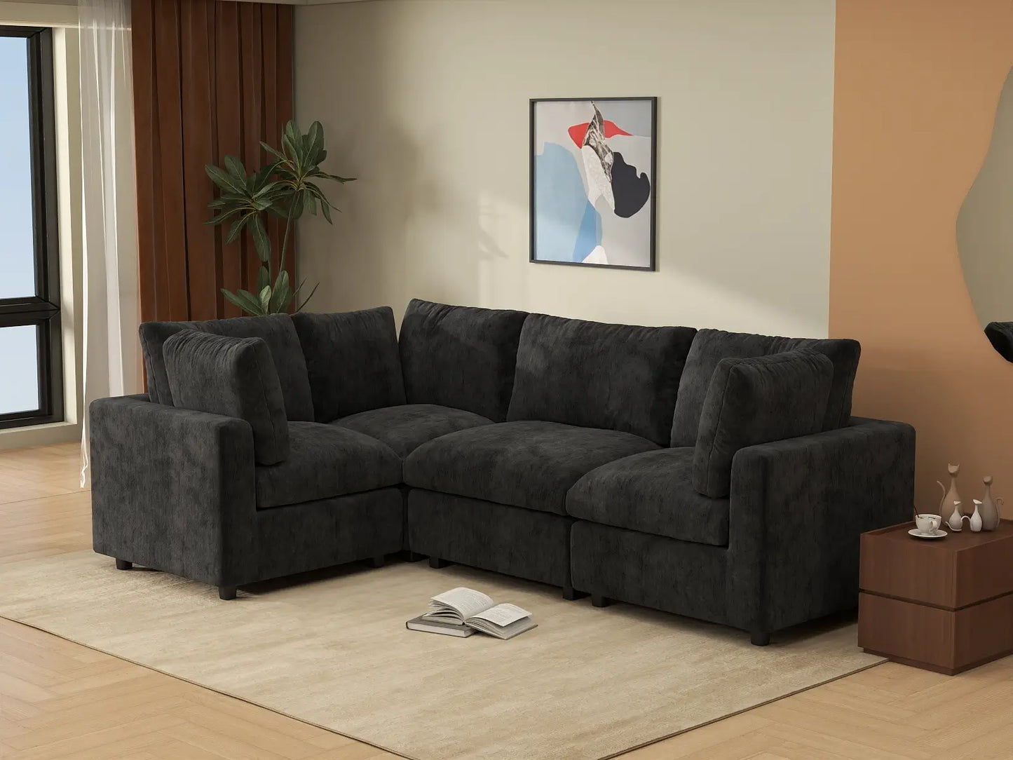 Fundas de sofá seccional Lounge Cloud | Funda de sofá de chenilla mezcla lino negro para 4 plazas