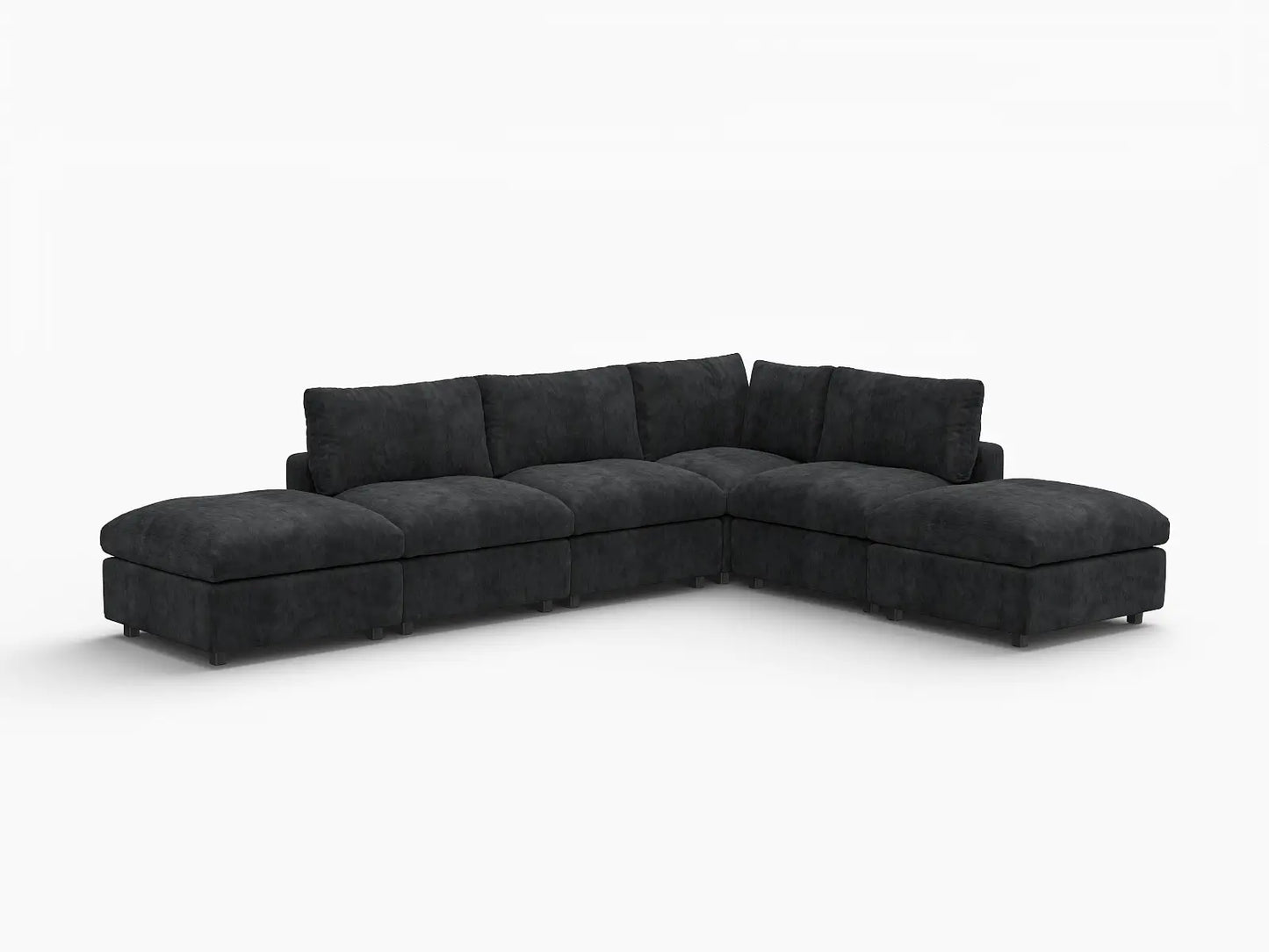 Seccional en L Deluxe Cloud de 4 asientos negro | 6 piezas (incluye 2 otomanas), tela de chenilla de lino, fundas de cojín lavables
