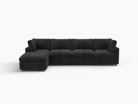 Lounge Cloud Sectional Sofa Covers | Black Linen-Blend Chenille Sofa Cover for 4-Seater with 1-Ottoman