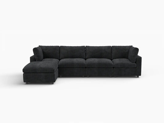 Lounge Cloud Sectional Sofa Covers | Black Linen-Blend Chenille Sofa Cover for 4-Seater with 1-Ottoman