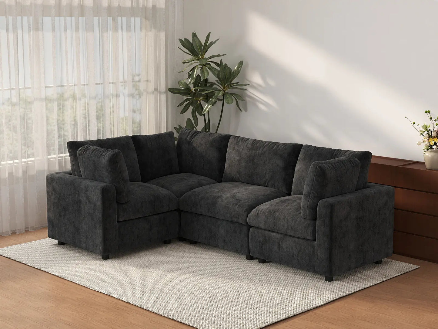Seccional en L de 4 plazas Cloud Deluxe, negro | 4 piezas, tela de chenilla de mezcla de lino, fundas de cojín lavables