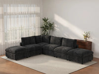 Seccional en L Deluxe Cloud de 4 asientos negro | 6 piezas (incluye 2 otomanas), tela de chenilla de lino, fundas de cojín lavables
