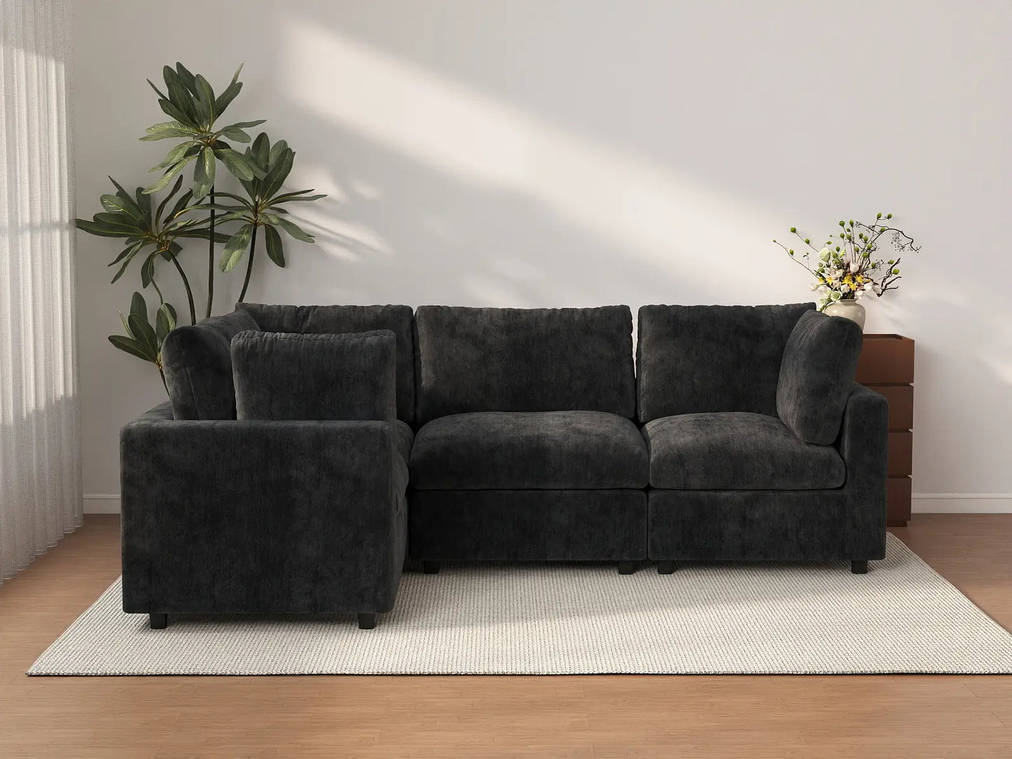 Seccional en L de 4 plazas Cloud Deluxe, negro | 4 piezas, tela de chenilla de mezcla de lino, fundas de cojín lavables