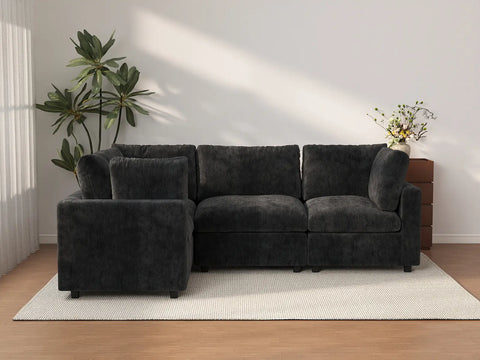 Seccional en L de 4 plazas Cloud Deluxe, negro | 4 piezas, tela de chenilla de mezcla de lino, fundas de cojín lavables
