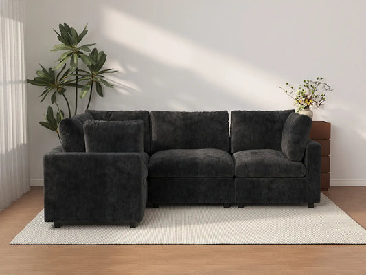 Deluxe Cloud 4-Seater Black L-Shaped Sectional | 4-Piece, Linen-Blend Chenille Fabric, Washable Cushion Covers
