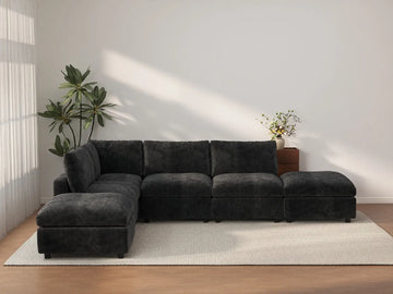 Seccional en L Deluxe Cloud de 4 asientos negro | 6 piezas (incluye 2 otomanas), tela de chenilla de lino, fundas de cojín lavables