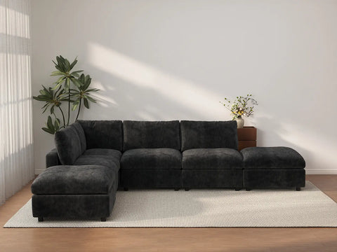 Seccional en L Deluxe Cloud de 4 asientos negro | 6 piezas (incluye 2 otomanas), tela de chenilla de lino, fundas de cojín lavables