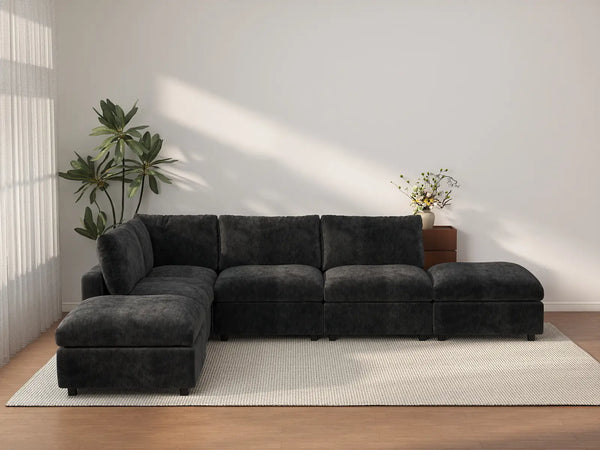 Seccional en L Deluxe Cloud de 4 asientos negro | 6 piezas (incluye 2 otomanas), tela de chenilla de lino, fundas de cojín lavables
