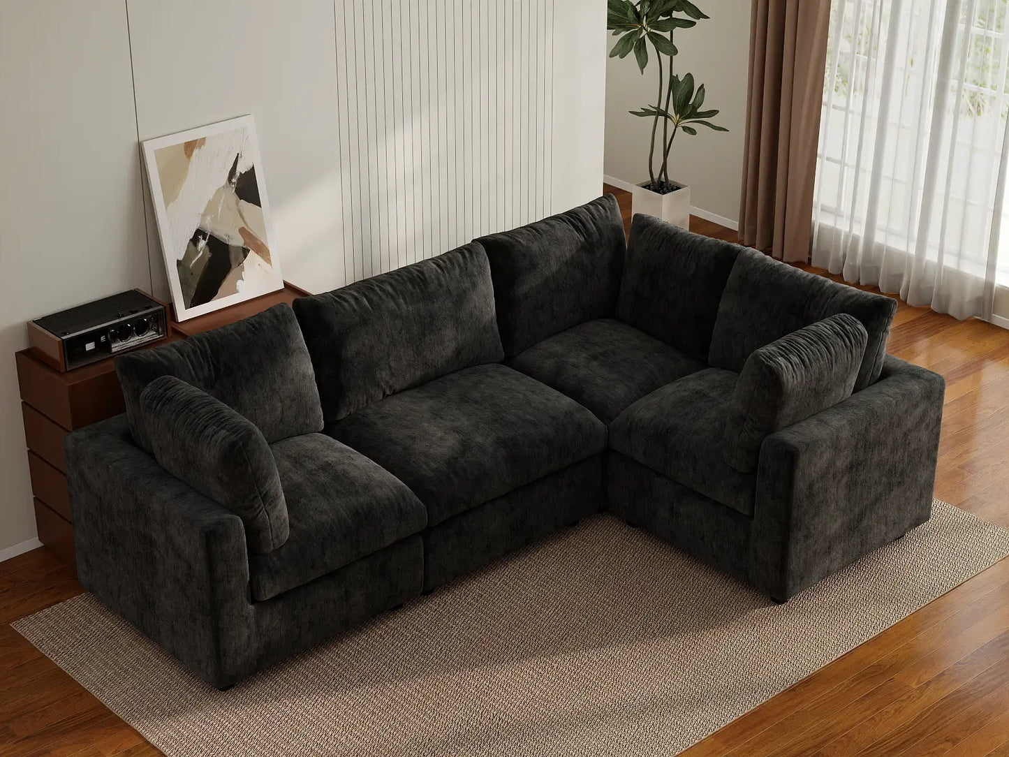 Fundas de sofá seccional Lounge Cloud | Funda de sofá de chenilla mezcla lino negro para 4 plazas