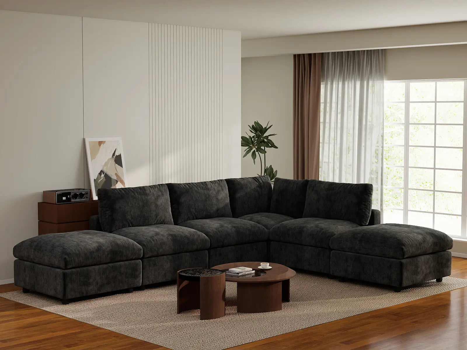 Seccional en L Deluxe Cloud de 4 asientos negro | 6 piezas (incluye 2 otomanas), tela de chenilla de lino, fundas de cojín lavables