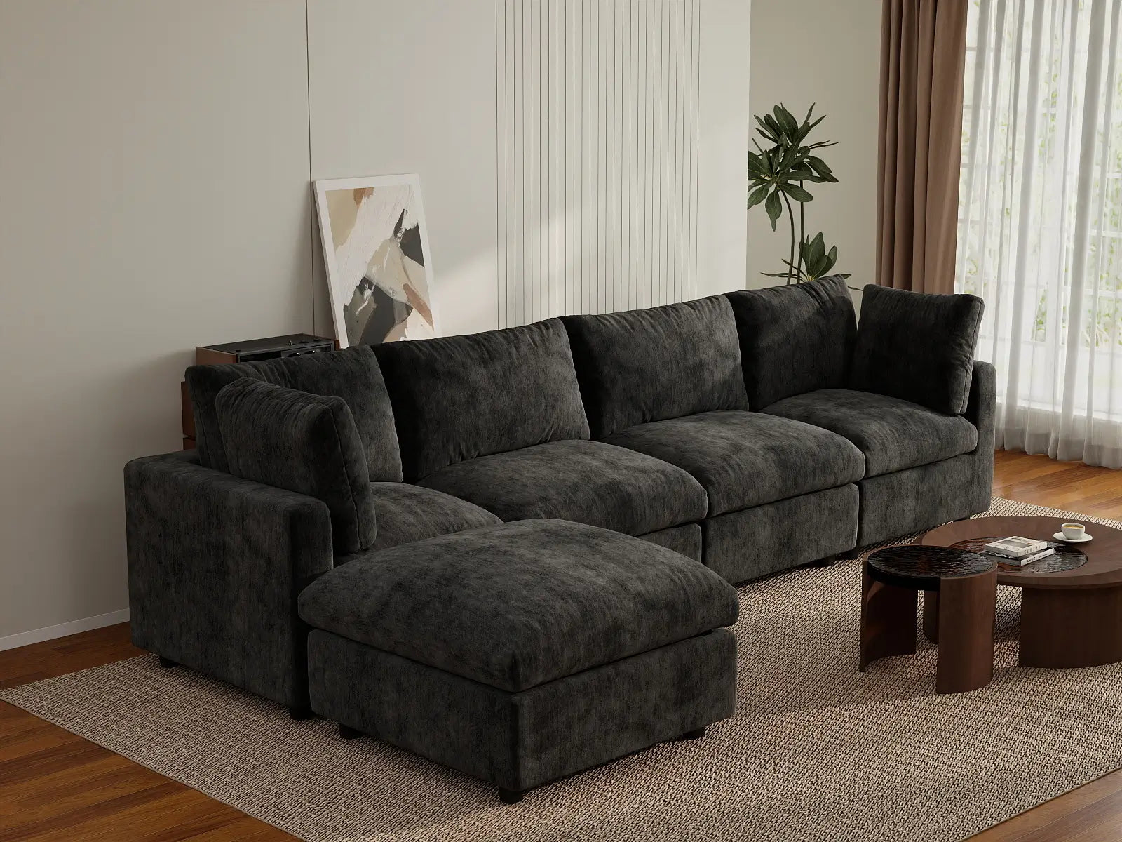 Fundas de sofá seccional Lounge Cloud | Funda de sofá de chenilla de lino negro para 4 plazas con 1 otomana