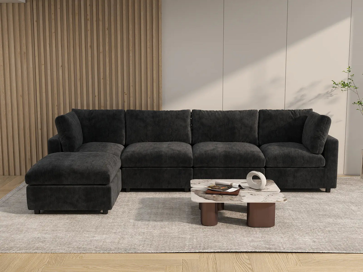 Fundas de sofá seccional Lounge Cloud | Funda de sofá de chenilla de lino negro para 4 plazas con 1 otomana