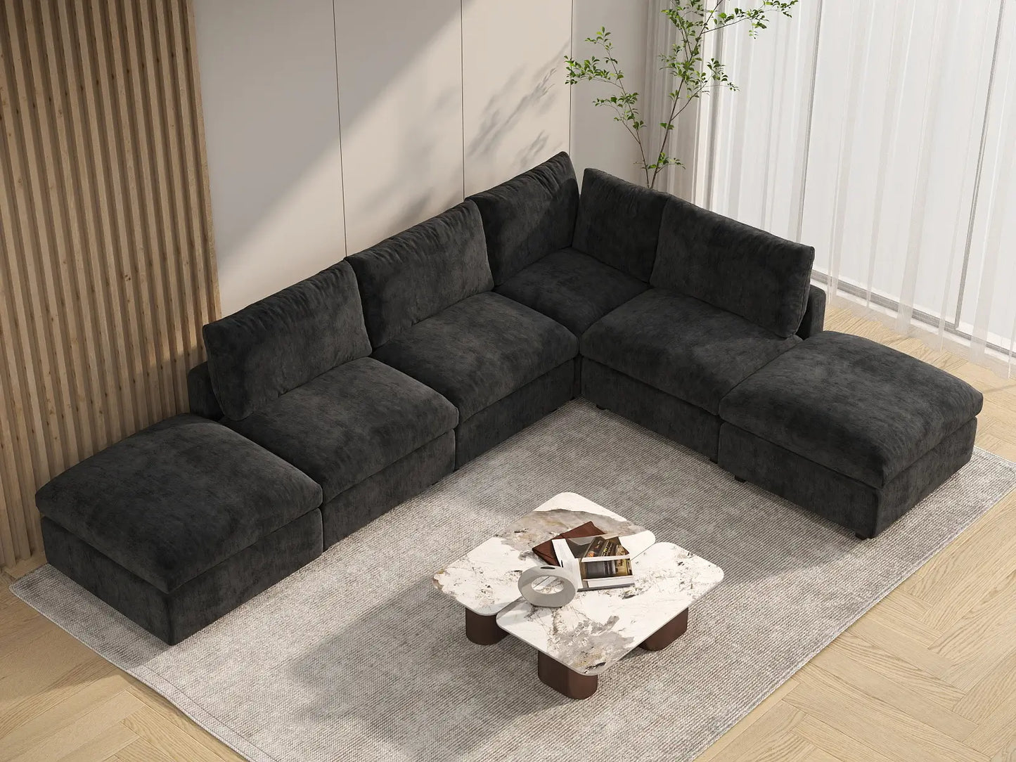 Seccional en L Deluxe Cloud de 4 asientos negro | 6 piezas (incluye 2 otomanas), tela de chenilla de lino, fundas de cojín lavables