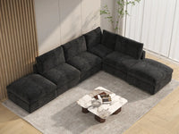 Seccional en L Deluxe Cloud de 4 asientos negro | 6 piezas (incluye 2 otomanas), tela de chenilla de lino, fundas de cojín lavables