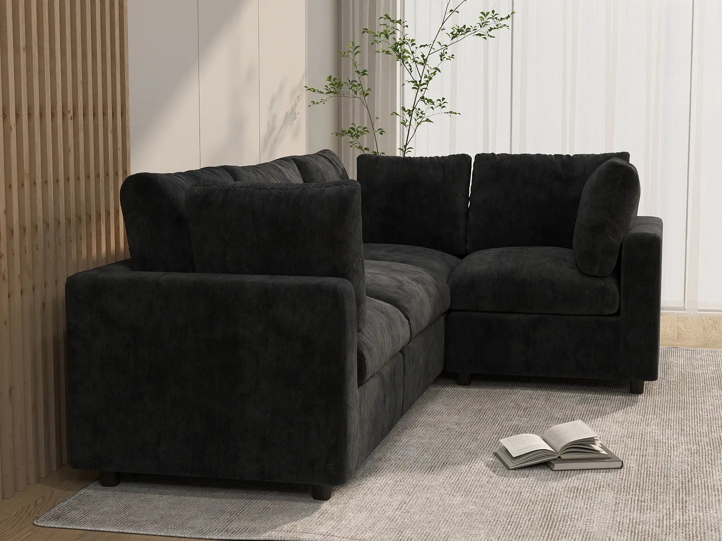 Seccional en L de 4 plazas Cloud Deluxe, negro | 4 piezas, tela de chenilla de mezcla de lino, fundas de cojín lavables