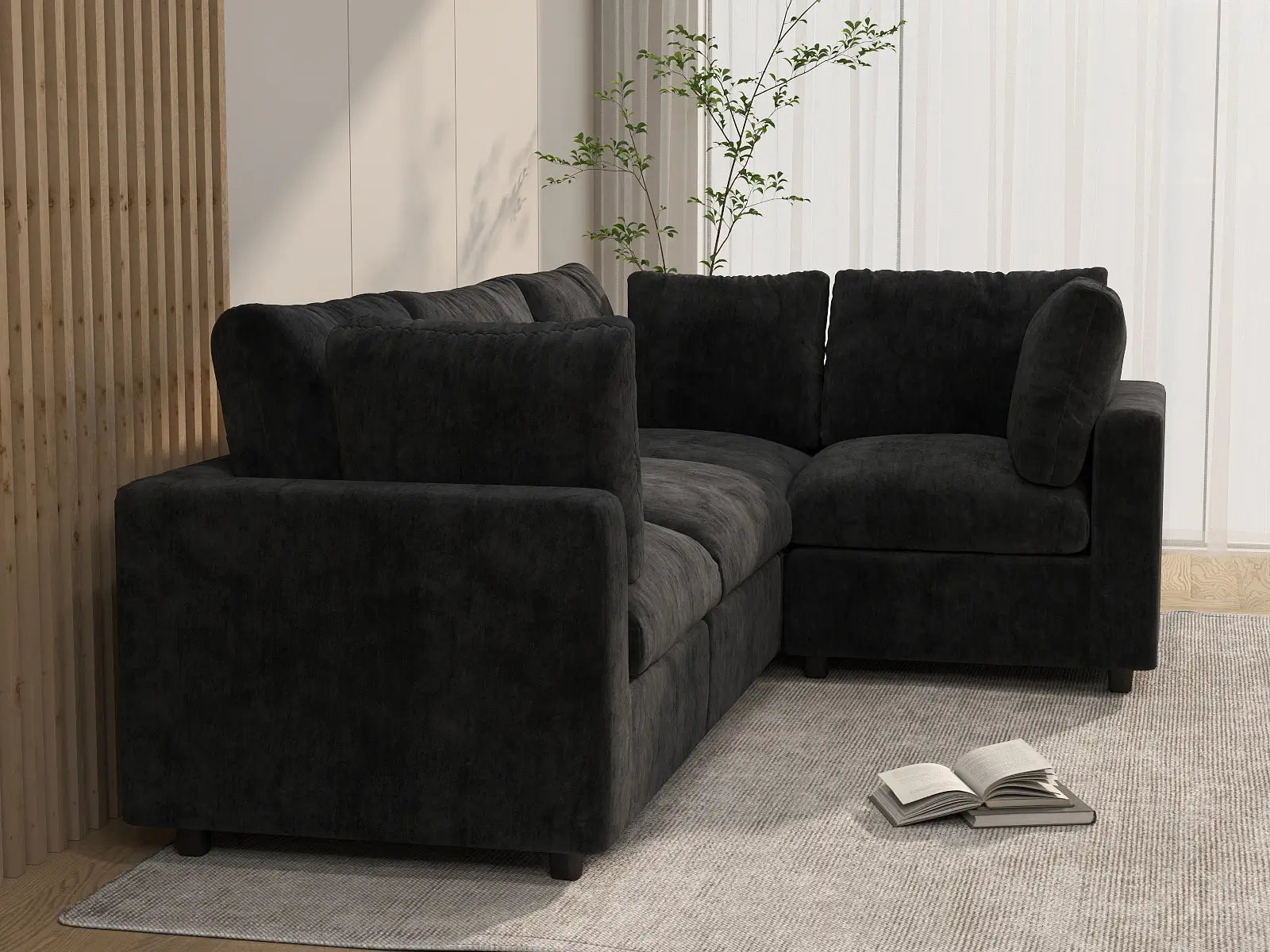 Seccional en L de 4 plazas Cloud Deluxe, negro | 4 piezas, tela de chenilla de mezcla de lino, fundas de cojín lavables