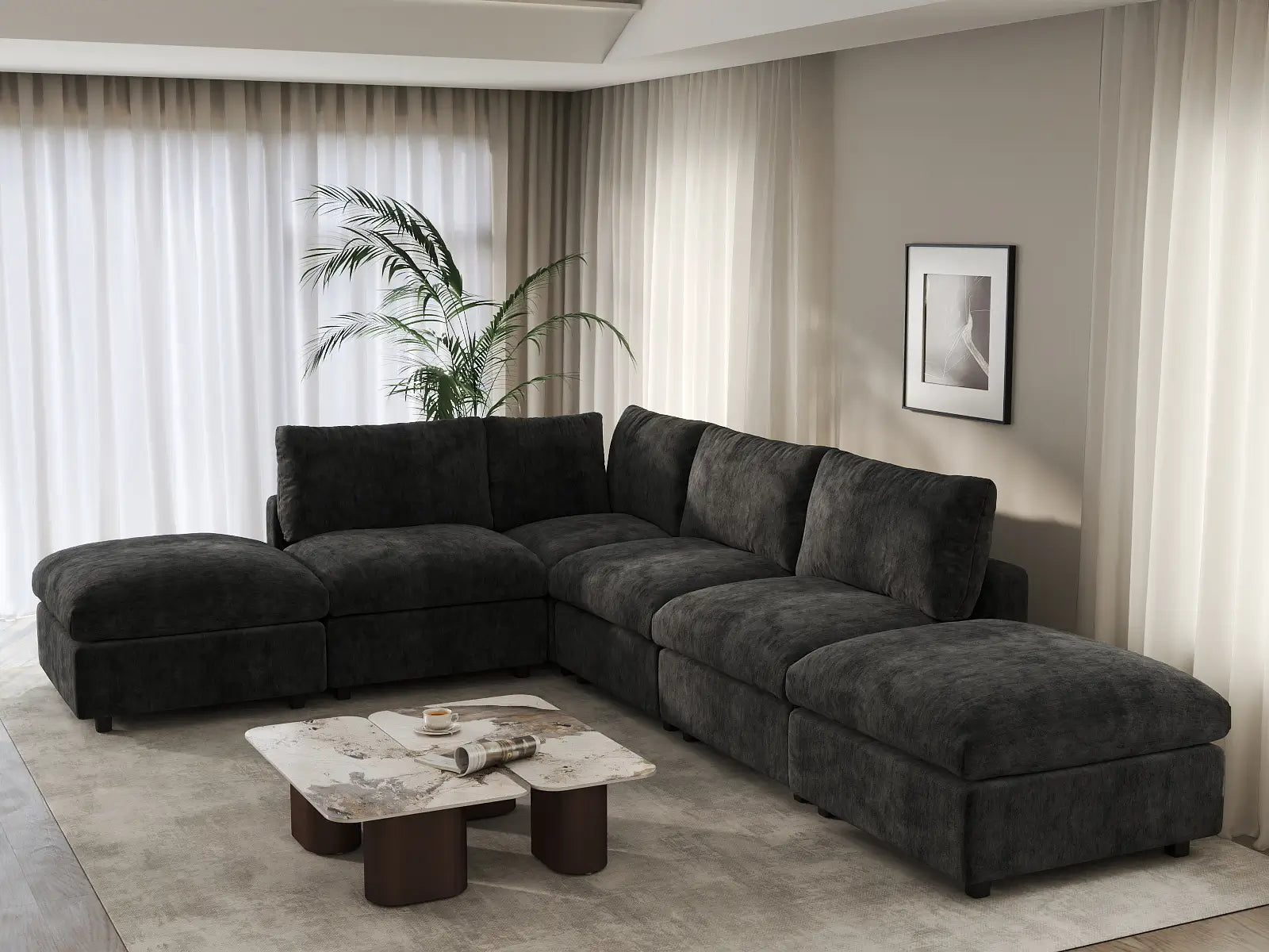 Seccional en L Deluxe Cloud de 4 asientos negro | 6 piezas (incluye 2 otomanas), tela de chenilla de lino, fundas de cojín lavables