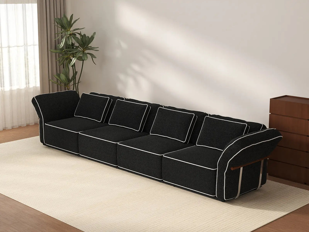 Deluxe Cloud 4-Seater Black Large Space Couch Sectional | 4-Piece, Bouclé Sherpa-Like Fabric, Easy To Clean