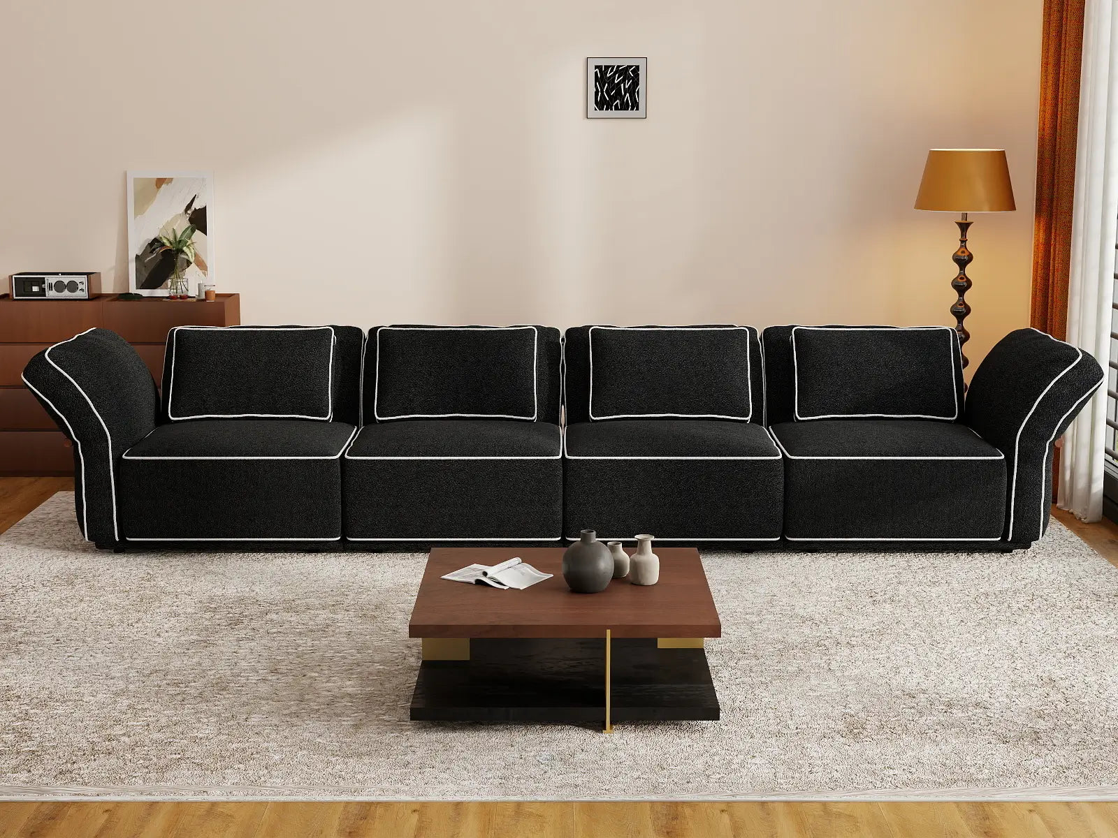 Deluxe Cloud 4-Seater Black Large Space Couch Sectional | 4-Piece, Bouclé Sherpa-Like Fabric, Easy To Clean