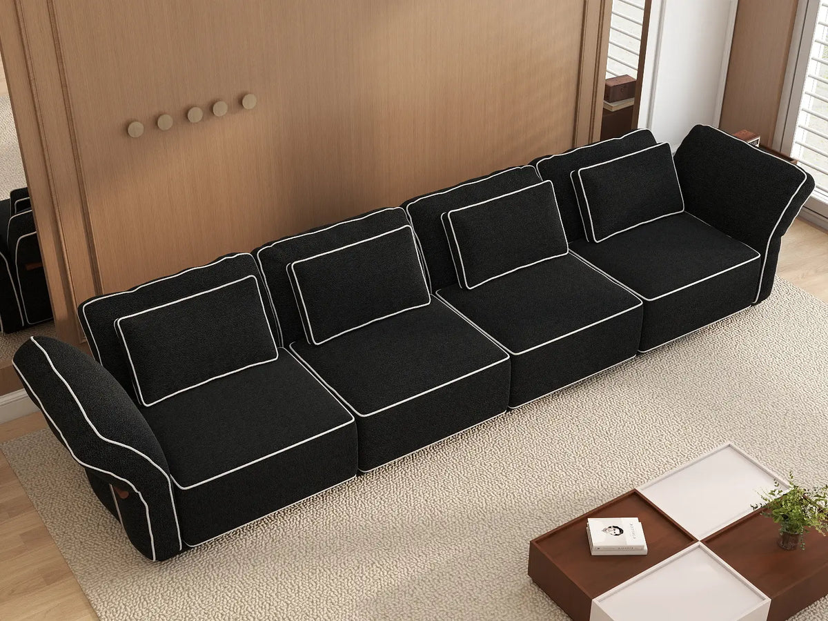Deluxe Cloud 4-Seater Black Large Space Couch Sectional | 4-Piece, Bouclé Sherpa-Like Fabric, Easy To Clean