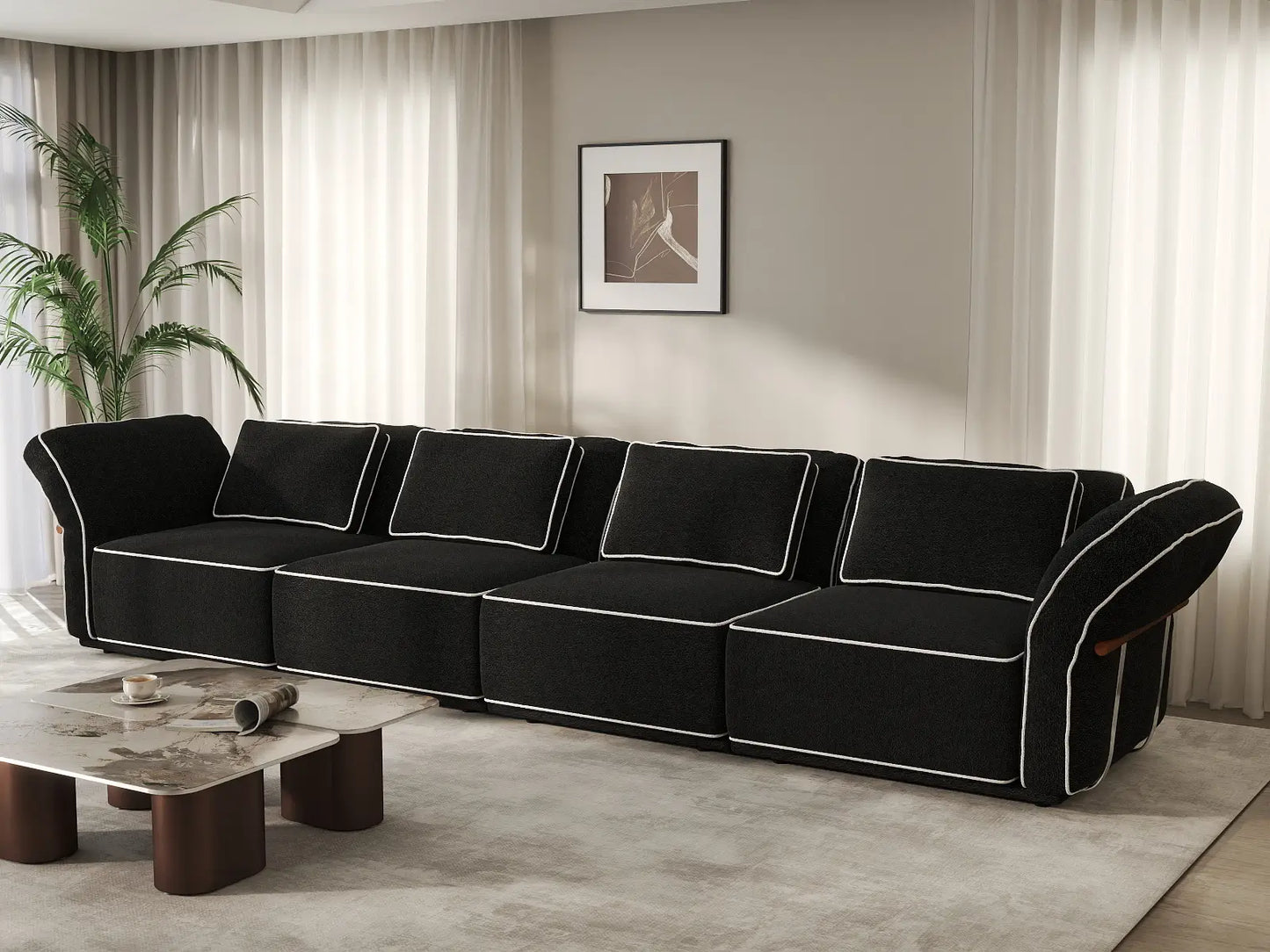 Deluxe Cloud 4-Seater Black Large Space Couch Sectional | 4-Piece, Bouclé Sherpa-Like Fabric, Easy To Clean