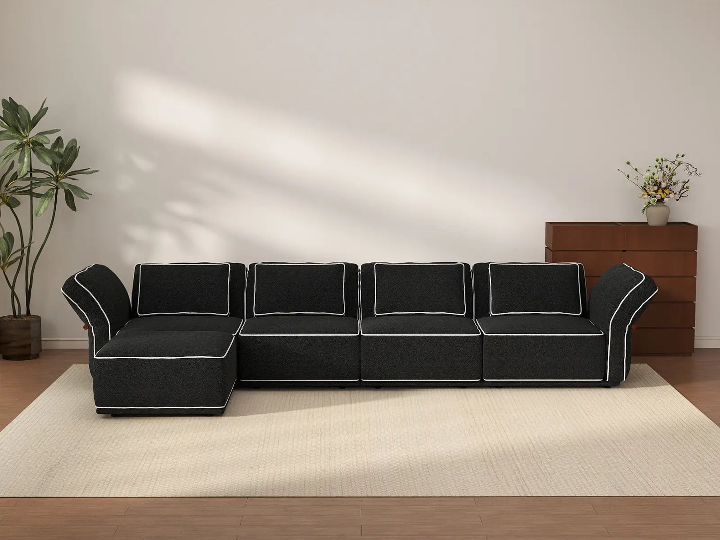 Deluxe Cloud 4-Seater Black Large Space L-Shaped Sectional | 5-Piece (Includes 1 Ottoman), Bouclé Sherpa-Like Fabric, Easy To Clean