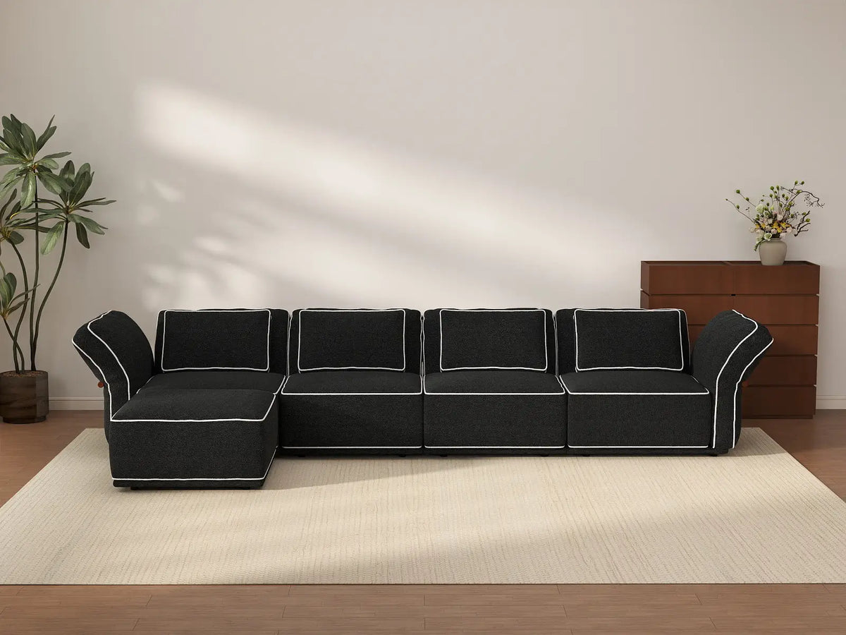 Deluxe Cloud 4-Seater Black Large Space L-Shaped Sectional | 5-Piece (Includes 1 Ottoman), Bouclé Sherpa-Like Fabric, Easy To Clean