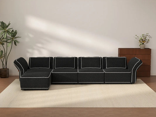 Deluxe Cloud 4-Seater Black Large Space L-Shaped Sectional | 5-Piece (Includes 1 Ottoman), Bouclé Sherpa-Like Fabric, Easy To Clean