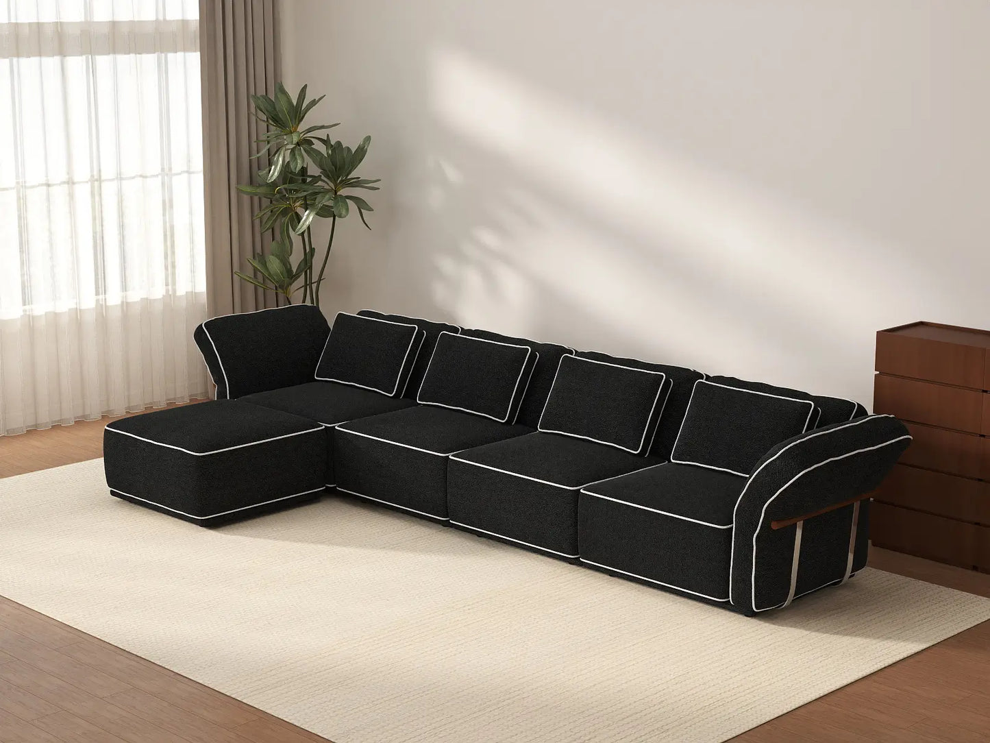 Deluxe Cloud 4-Seater Black Large Space L-Shaped Sectional | 5-Piece (Includes 1 Ottoman), Bouclé Sherpa-Like Fabric, Easy To Clean
