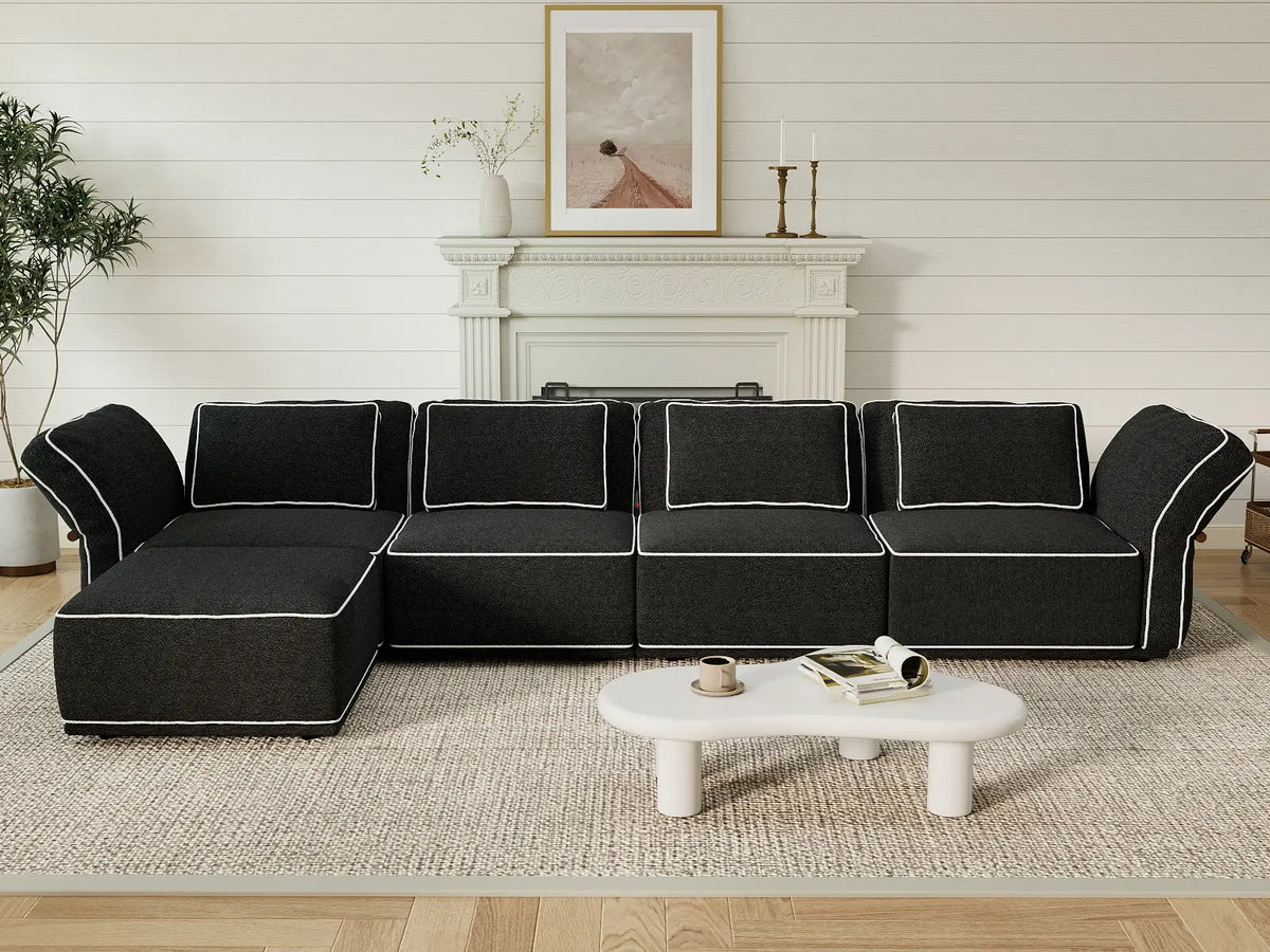 Deluxe Cloud 4-Seater Black Large Space L-Shaped Sectional | 5-Piece (Includes 1 Ottoman), Bouclé Sherpa-Like Fabric, Easy To Clean