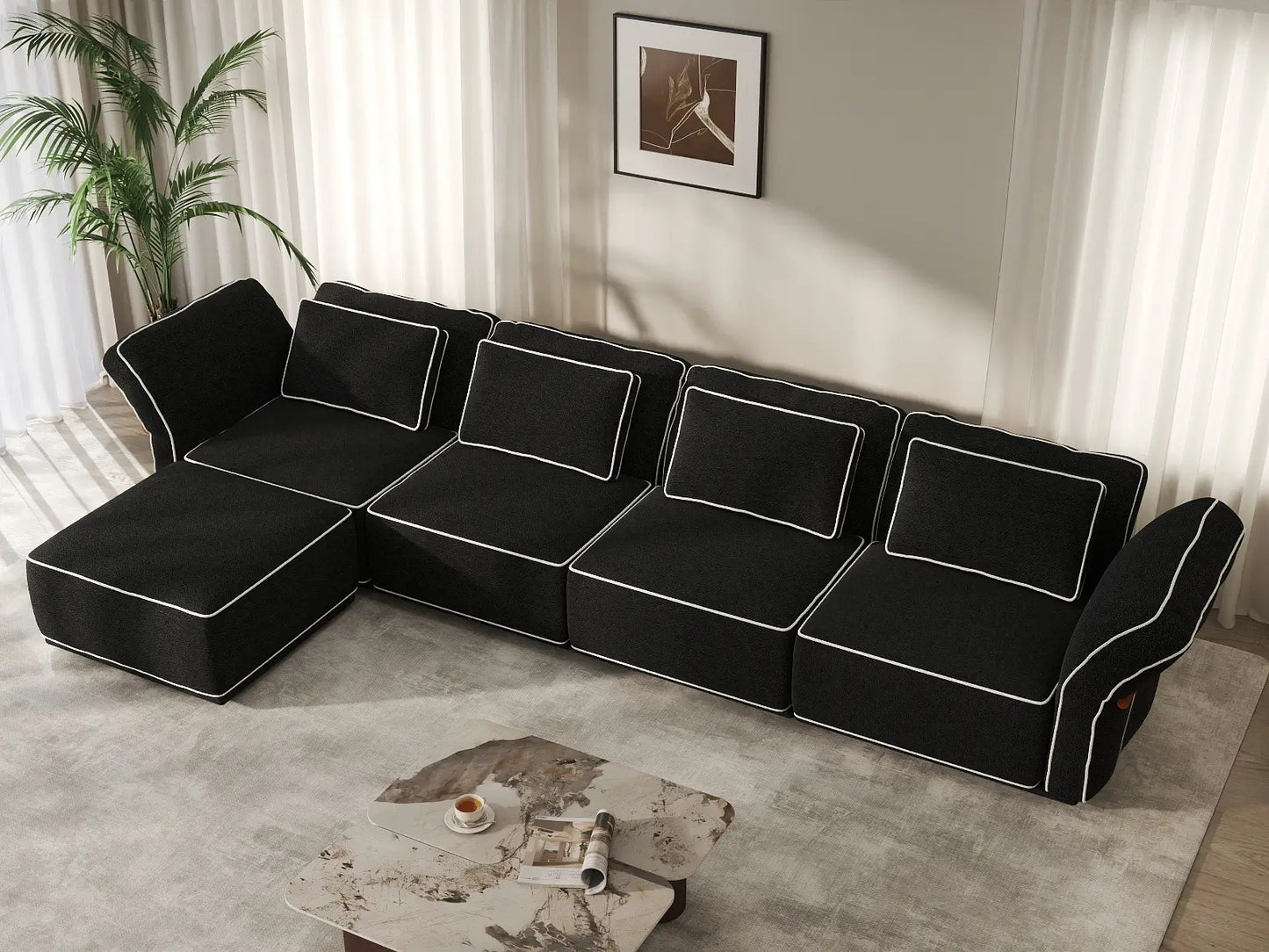 Deluxe Cloud 4-Seater Black Large Space L-Shaped Sectional | 5-Piece (Includes 1 Ottoman), Bouclé Sherpa-Like Fabric, Easy To Clean