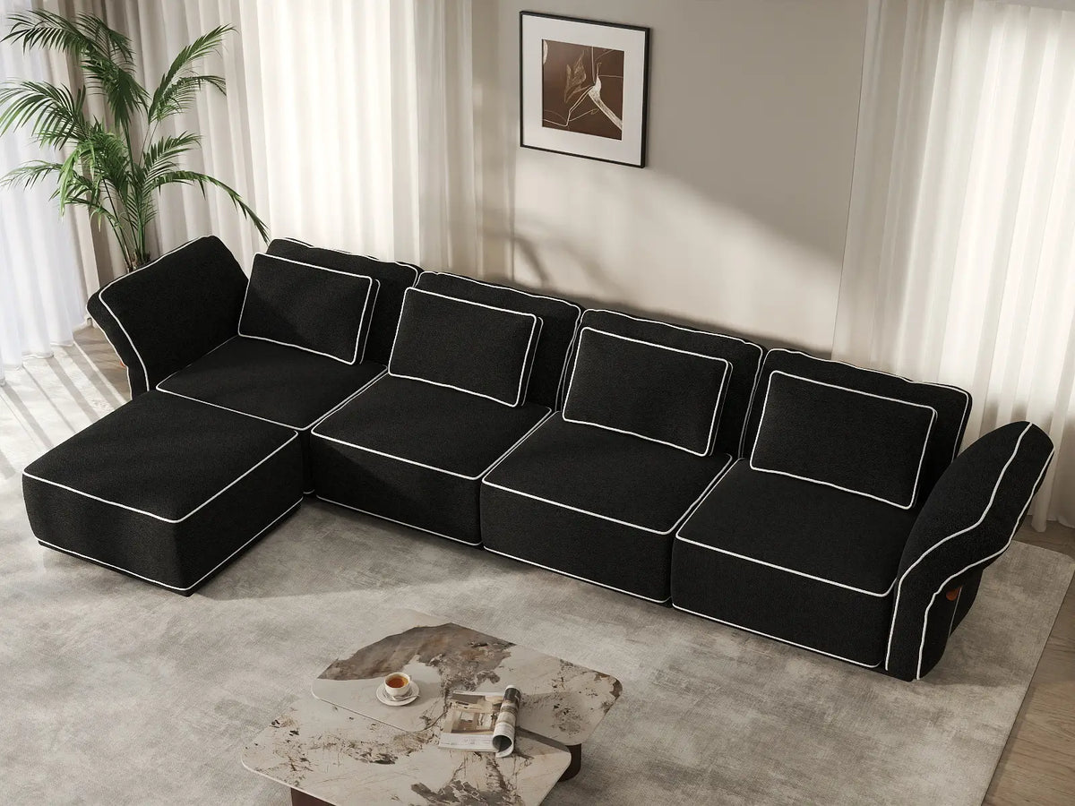 Deluxe Cloud 4-Seater Black Large Space L-Shaped Sectional | 5-Piece (Includes 1 Ottoman), Bouclé Sherpa-Like Fabric, Easy To Clean