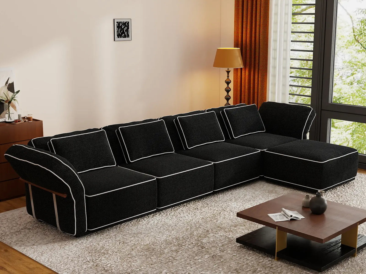 Deluxe Cloud 4-Seater Black Large Space L-Shaped Sectional | 5-Piece (Includes 1 Ottoman), Bouclé Sherpa-Like Fabric, Easy To Clean