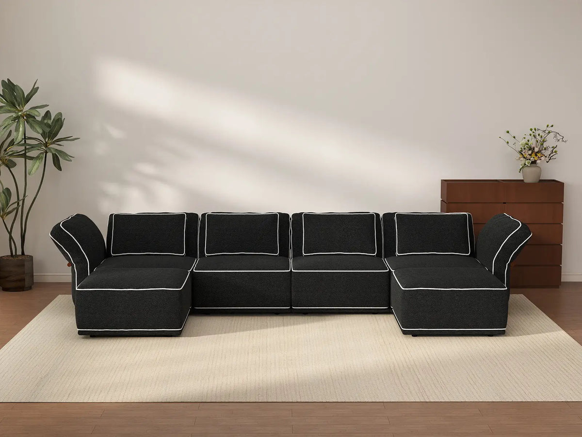 Deluxe Cloud 4-Seater Black Large Space U-Shaped Sectional | 6-Piece (Includes 2 Ottomans), Bouclé Sherpa-Like Fabric, Easy To Clean