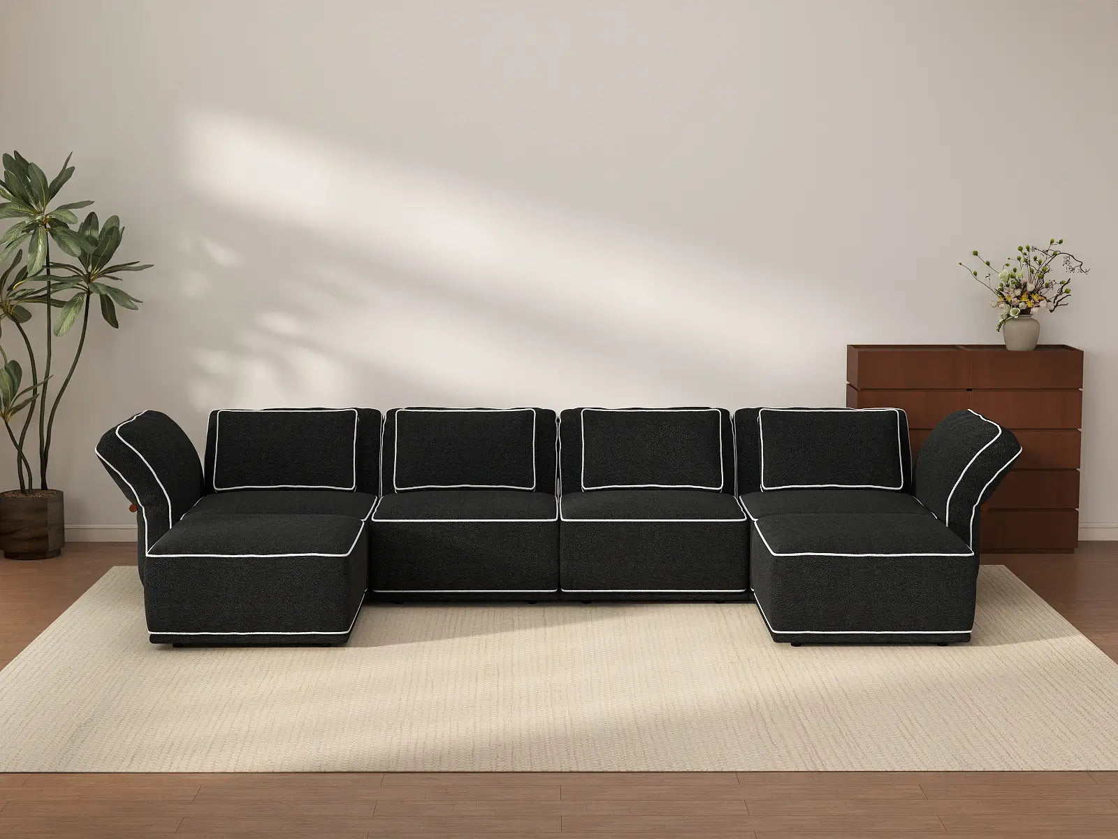 Deluxe Cloud 4-Seater Black Large Space U-Shaped Sectional | 6-Piece (Includes 2 Ottomans), Bouclé Sherpa-Like Fabric, Easy To Clean
