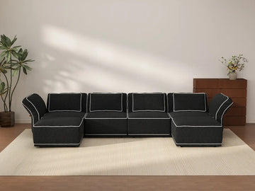 Deluxe Cloud 4-Seater Black Large Space U-Shaped Sectional | 6-Piece (Includes 2 Ottomans), Bouclé Sherpa-Like Fabric, Easy To Clean