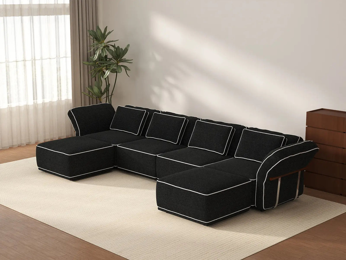 Deluxe Cloud 4-Seater Black Large Space U-Shaped Sectional | 6-Piece (Includes 2 Ottomans), Bouclé Sherpa-Like Fabric, Easy To Clean