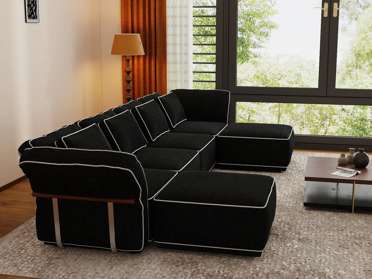 Deluxe Cloud 4-Seater Black Large Space U-Shaped Sectional | 6-Piece (Includes 2 Ottomans), Bouclé Sherpa-Like Fabric, Easy To Clean