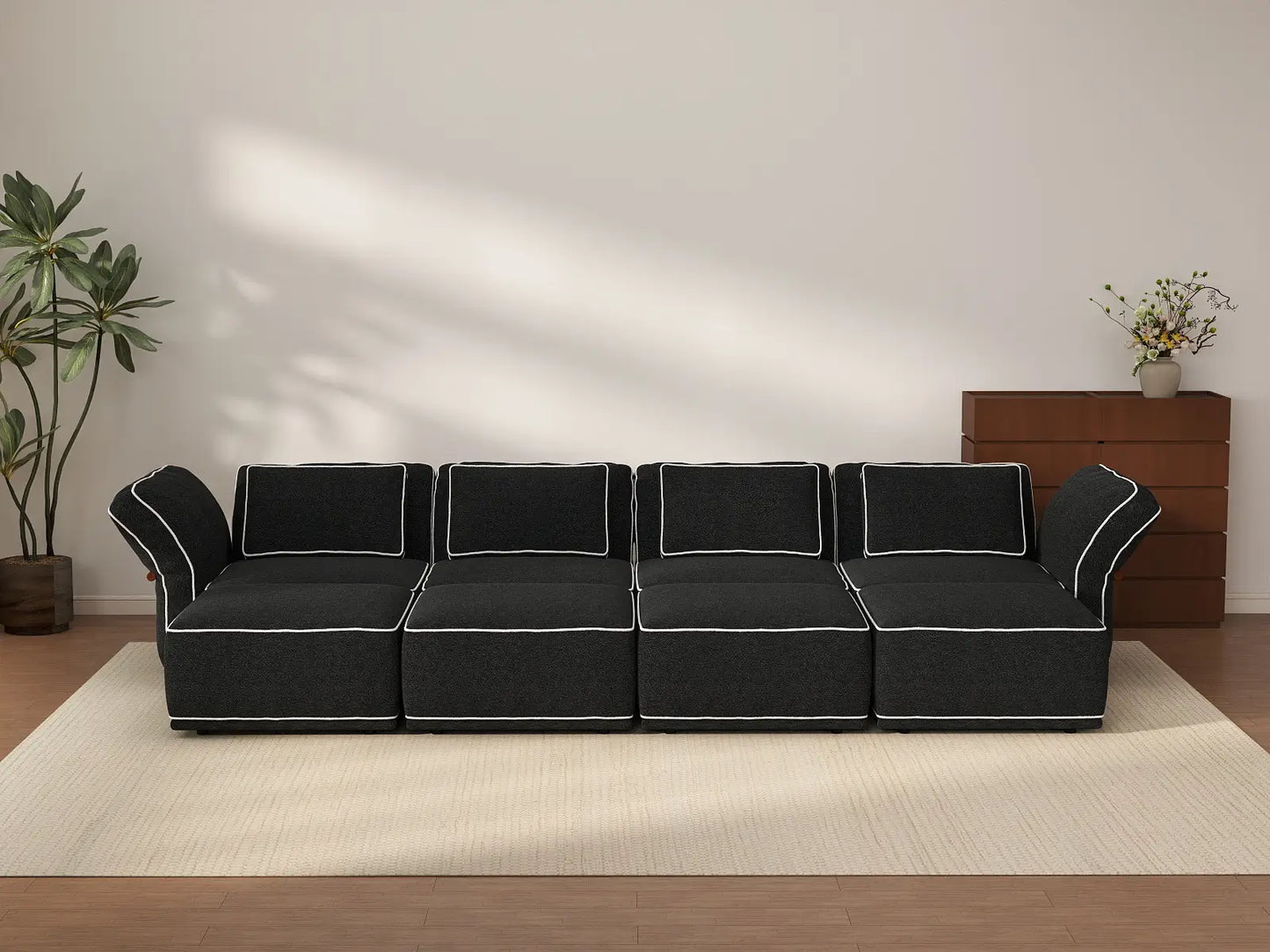 Deluxe Cloud 4-Seater Black Open Space U-Shaped Sectional | 8-Piece (Includes 4 Ottomans), Bouclé Sherpa-Like Fabric, Easy To Clean