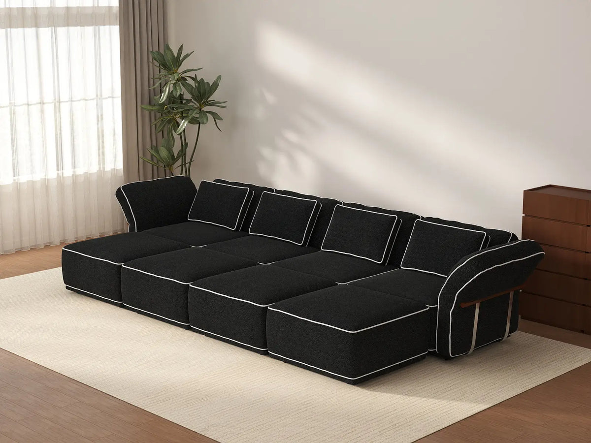 Deluxe Cloud 4-Seater Black Open Space U-Shaped Sectional | 8-Piece (Includes 4 Ottomans), Bouclé Sherpa-Like Fabric, Easy To Clean